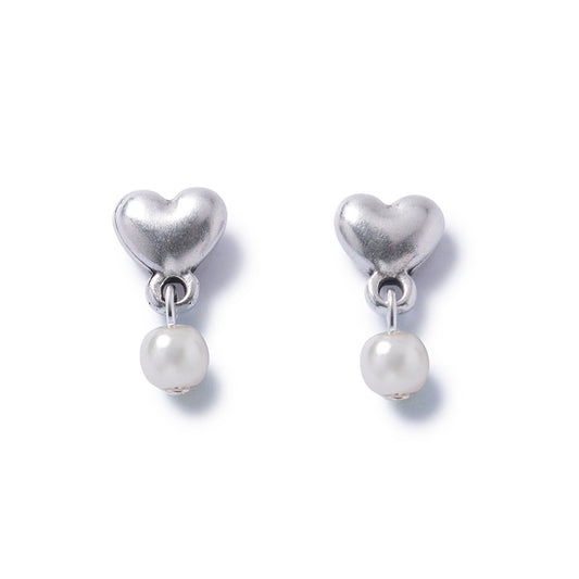 Silver Heart Pearl Stud Earrings