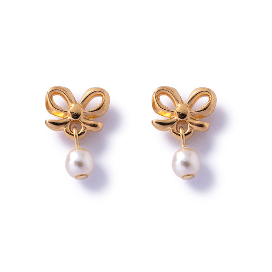 Gold Bow Pearl Stud Earrings