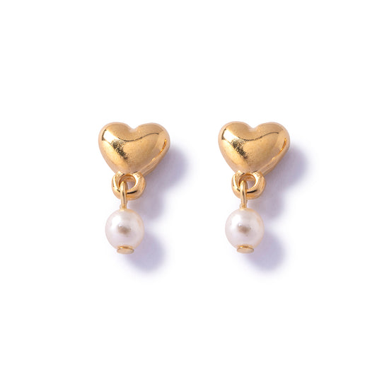 Gold Heart Pearl Stud Earrings
